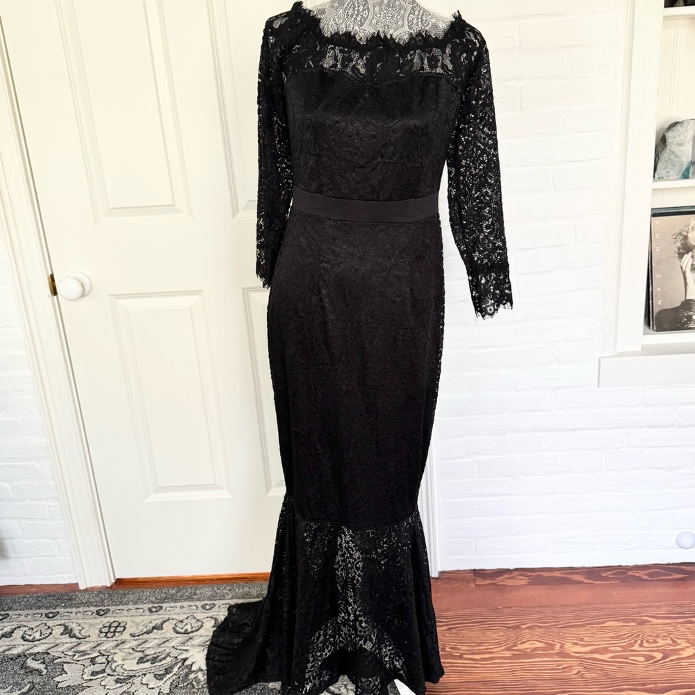 Black Lace Long Sleeve Dress with Lace Train Size L Whimsigoth Witchy Goth